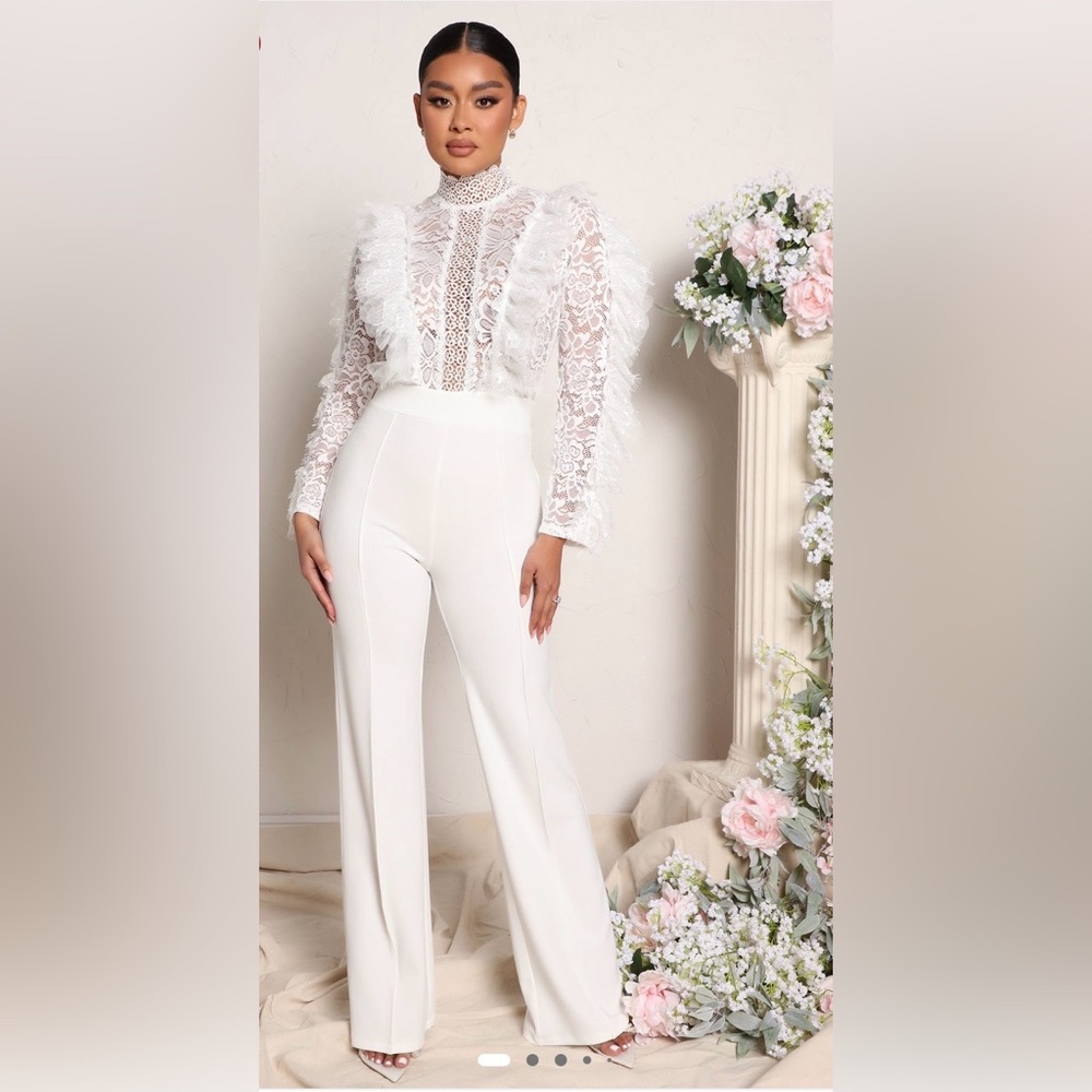 Fashion Nova White Lace Ruffle Jumpsuit